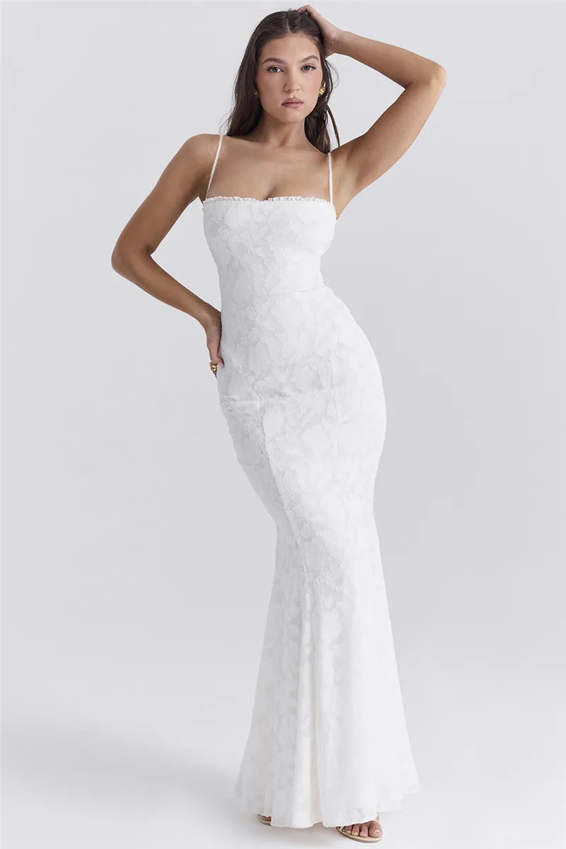 Chiffon Maxi Dress with Leaf Embroidery and Back Tie Design - BLANCA