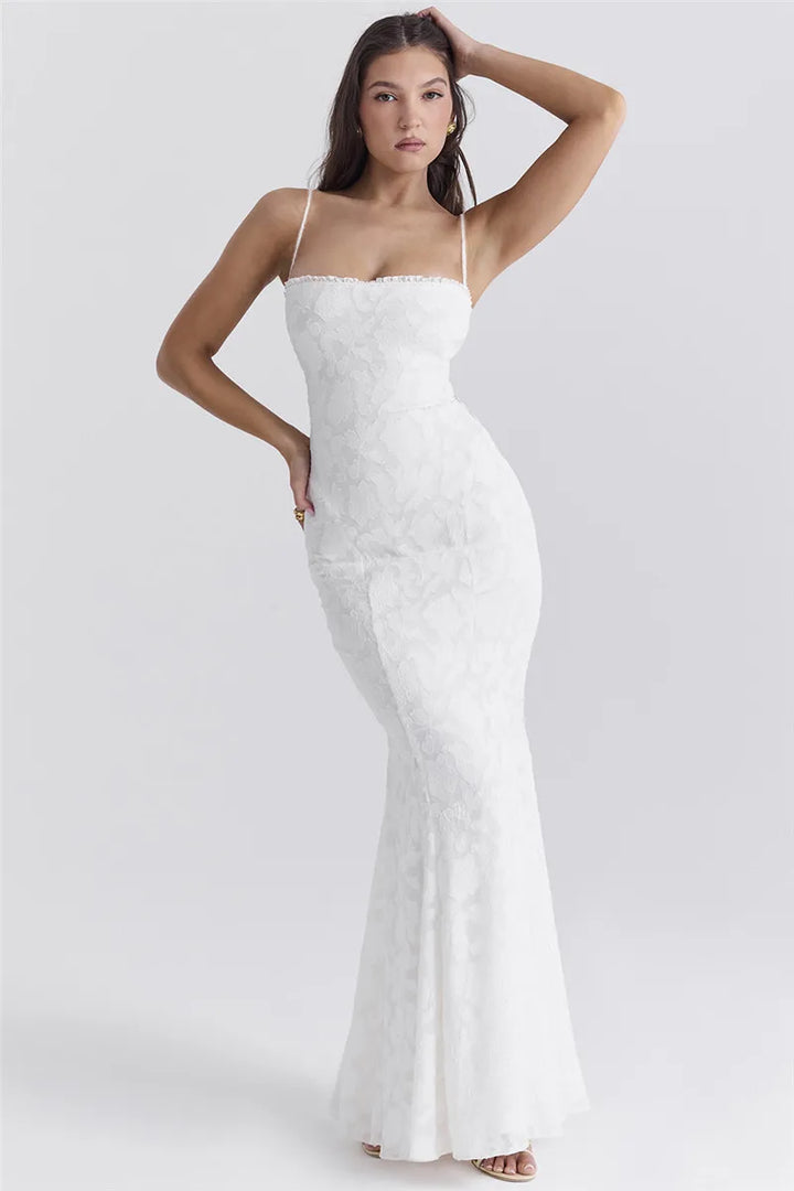 Chiffon Maxi Dress with Leaf Embroidery and Back Tie Design - BLANCA