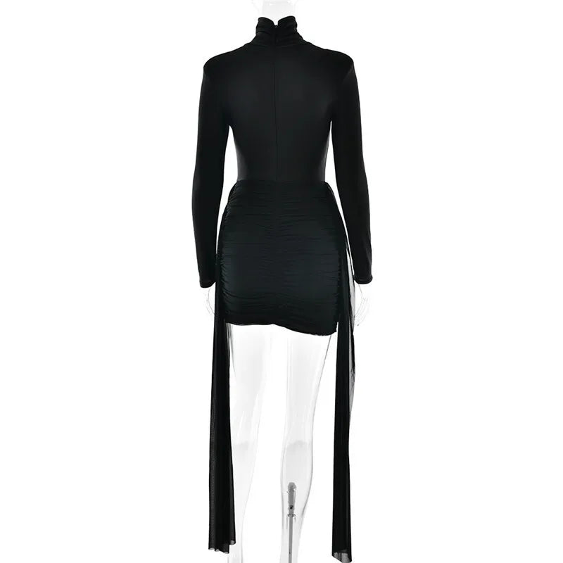 Mini turtleneck dress with chiffon ruched bottom, cross cut, and chiffon ruffle decoration - Marina
