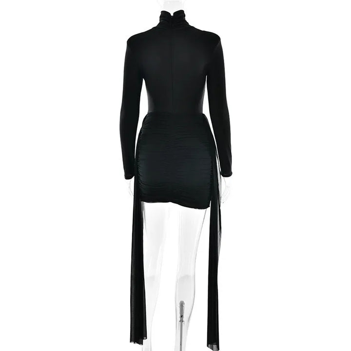 Mini turtleneck dress with chiffon ruched bottom, cross cut, and chiffon ruffle decoration - Marina