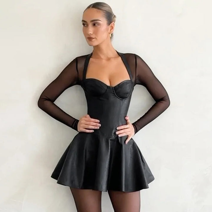A-line faux leather mini dress with mesh sleeves - Ofek
