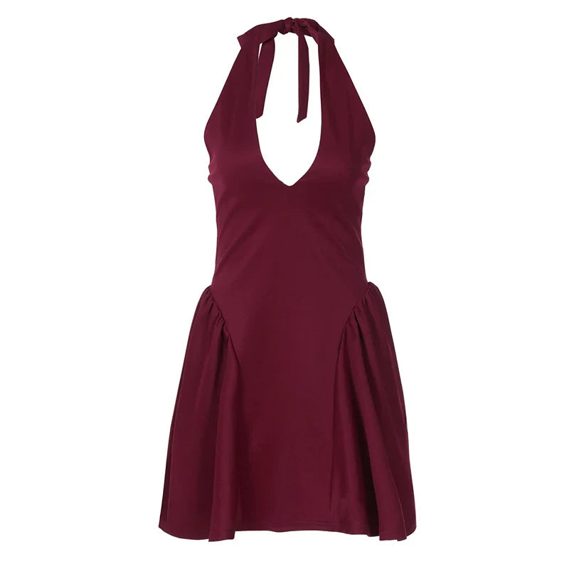 Mini A-line dress with V-neck and neck tie - Yolanda