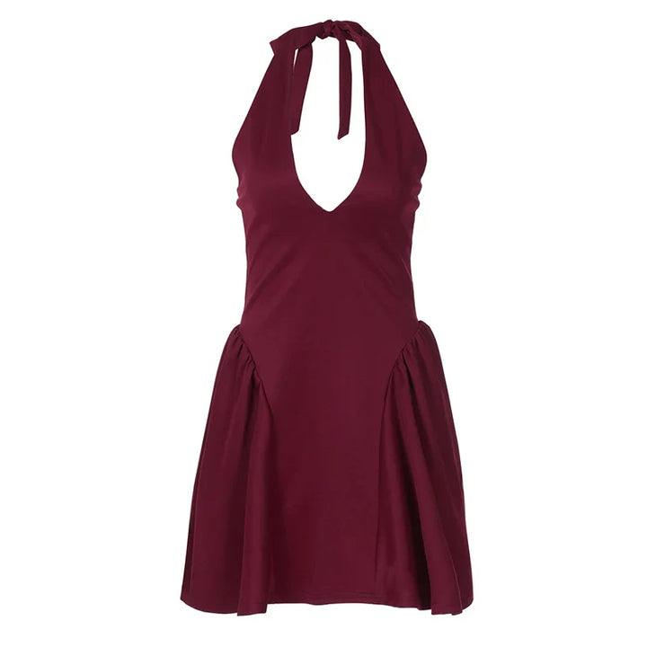 Mini A-line dress with V-neck and neck tie - Yolanda