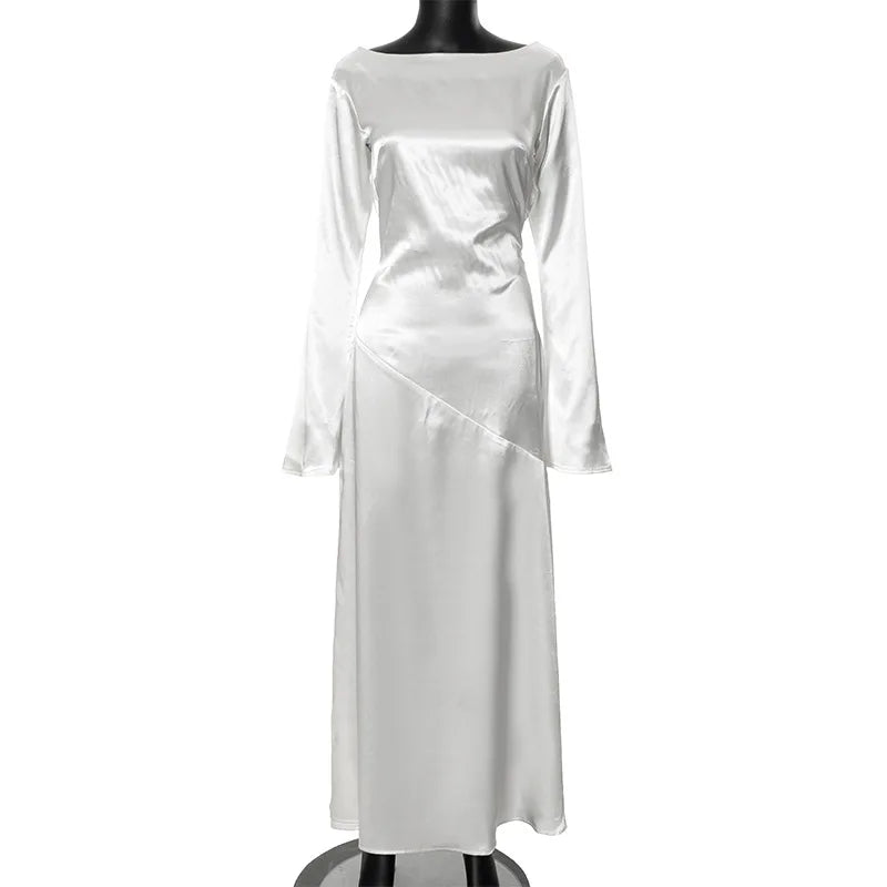 Maxi satin evening dress with open back, slit, and bell sleeves - Marian