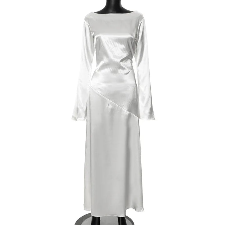 Maxi satin evening dress with open back, slit, and bell sleeves - Marian