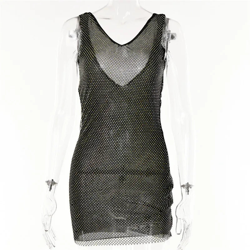 Diamond mesh sparkling mini dress with opaque hem and open back - Morrison