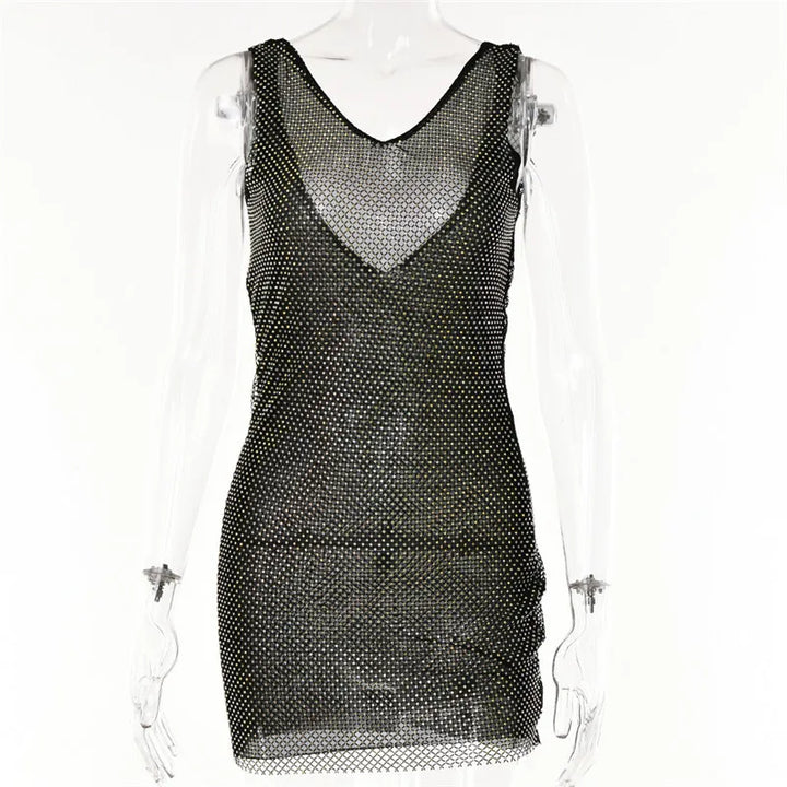 Diamond mesh sparkling mini dress with opaque hem and open back - Morrison