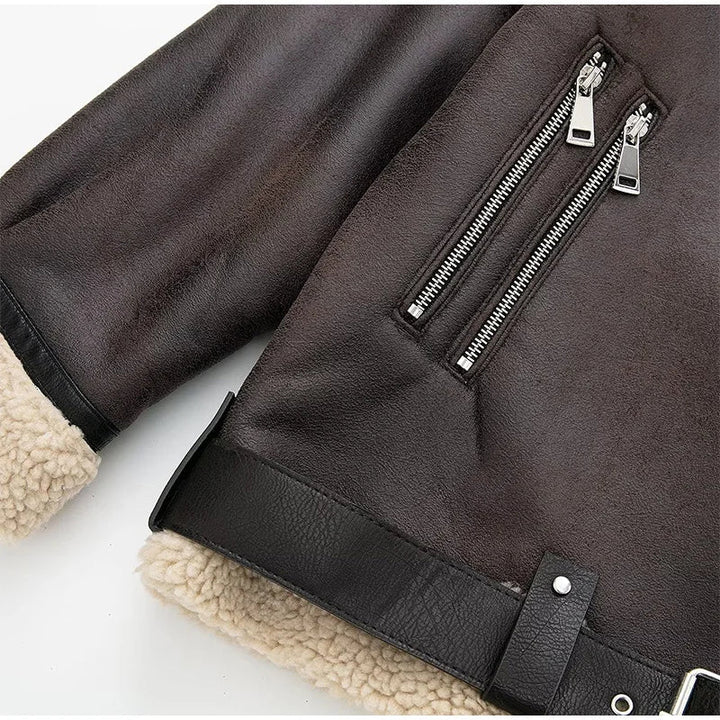 Oversized Leather Coat with Fur Lining - Kaya