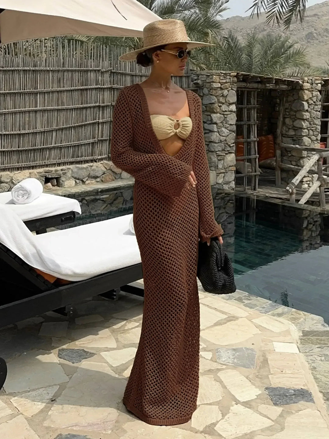 Mesh Maxi Beach Dress with Open Chest/Back - Amber