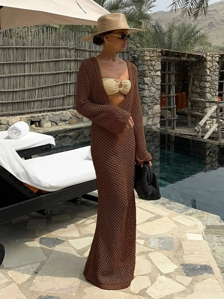 Mesh Maxi Beach Dress with Open Chest/Back - Amber
