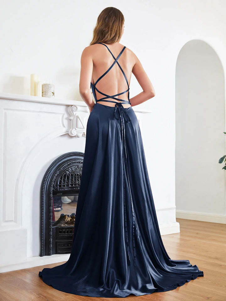 Elegant Maxi Satin Dress with Slit, A-Line Design, Back Tie - Prince