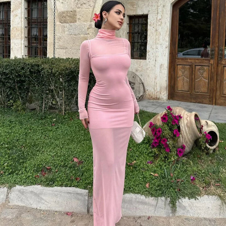Mesh Maxi Dress with Turtleneck Underskirt - Isabella