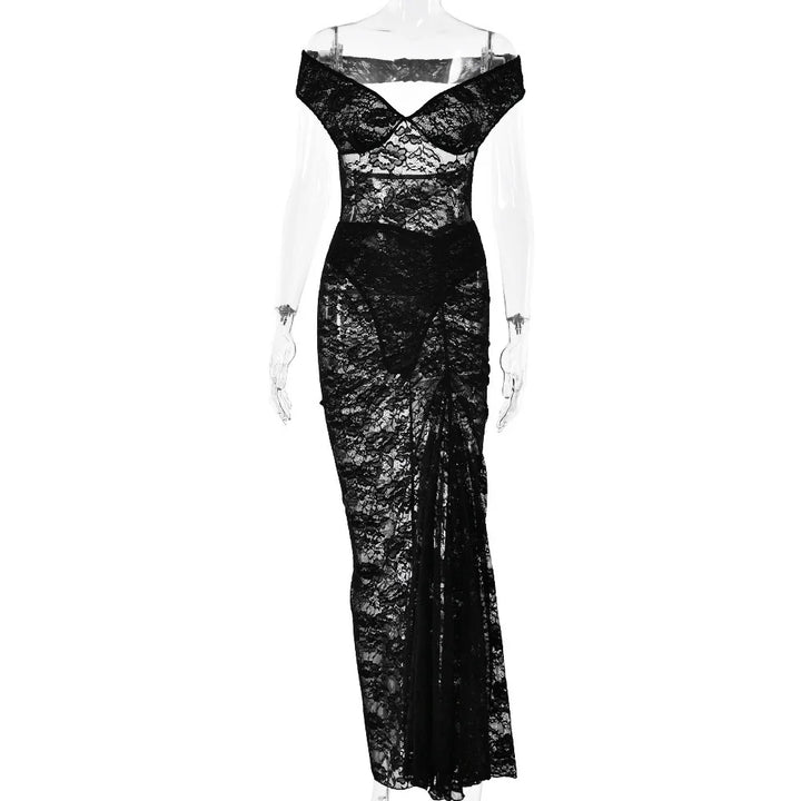 Maxi Lace Dress with Off-Shoulder and Slit Design - Emiliana