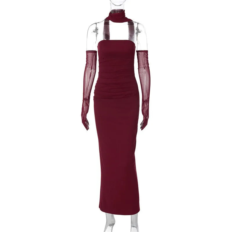 Maxi strapless dress with glove and chiffon scarf decoration - Annabel