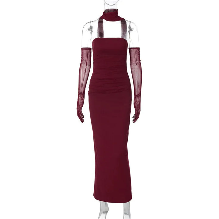Maxi strapless dress with glove and chiffon scarf decoration - Annabel