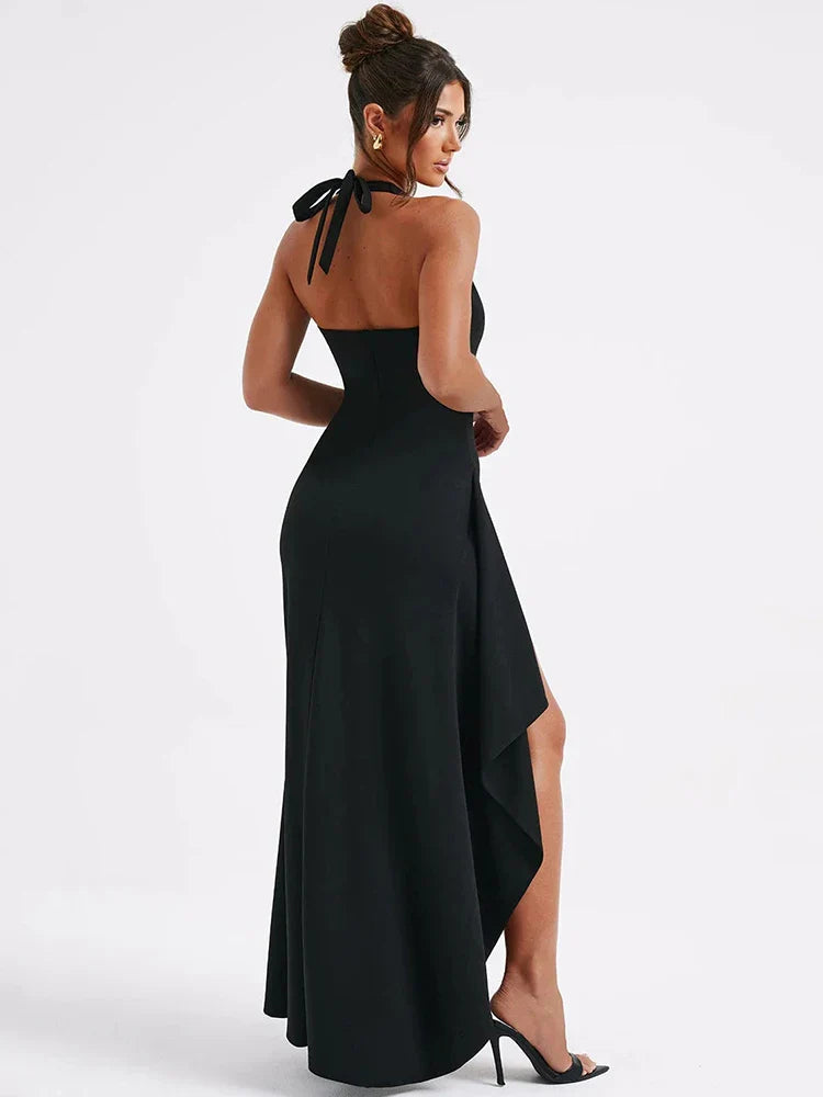 Luxury Maxi Dress with V-Neck, Deep Slit, and Open Back - Alicia