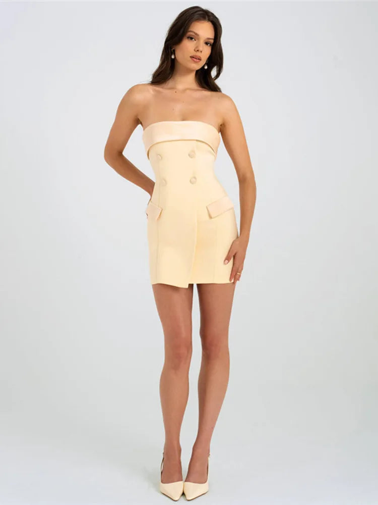 Strapless Mini Dress with Button and Faux Pocket Detail - Bonnie