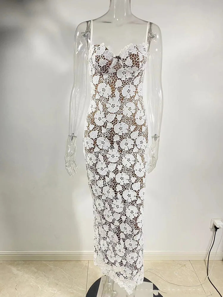 Lace Maxi Dress with Floral Embroidery and Back Ties - Veronica