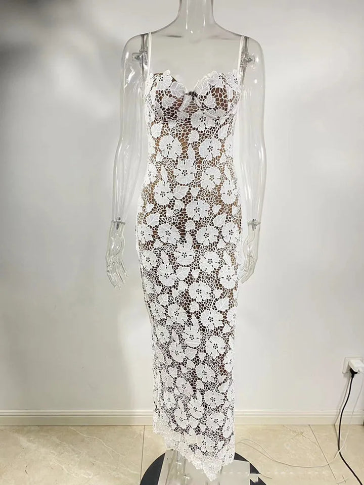 Lace Maxi Dress with Floral Embroidery and Back Ties - Veronica