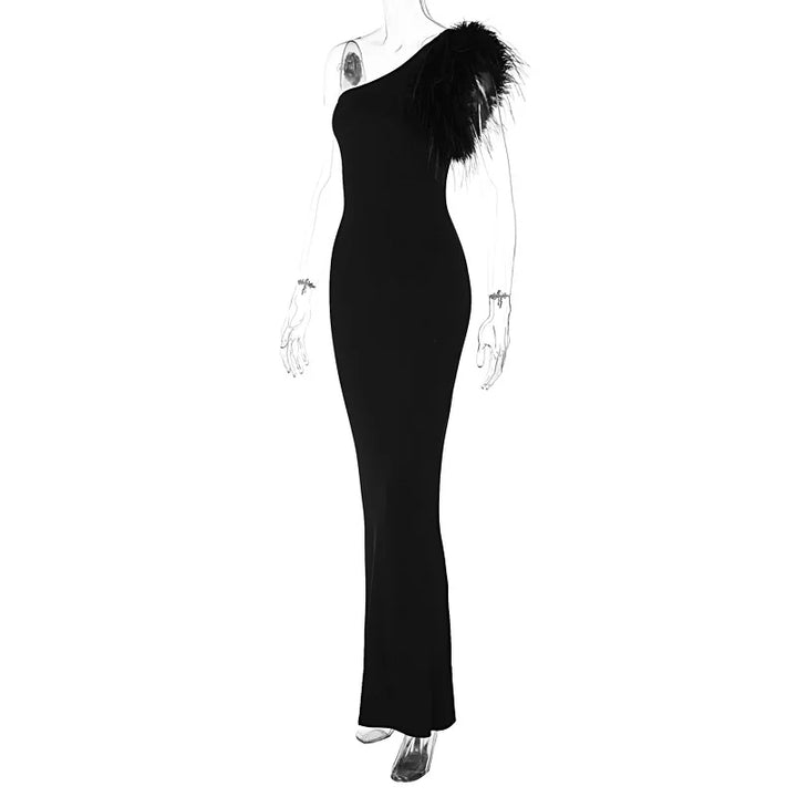 Elegant one-shoulder maxi evening dress decorated with feathers - Talia