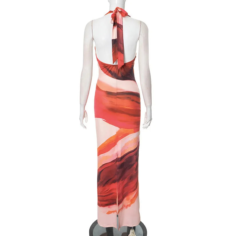 Maxi Dress with Colorful Print, Neck Tie, and Open Back - Chulia