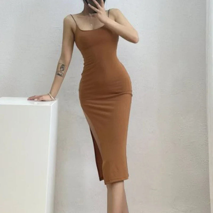 Fitted midi dress with slit and spaghetti straps - Bati