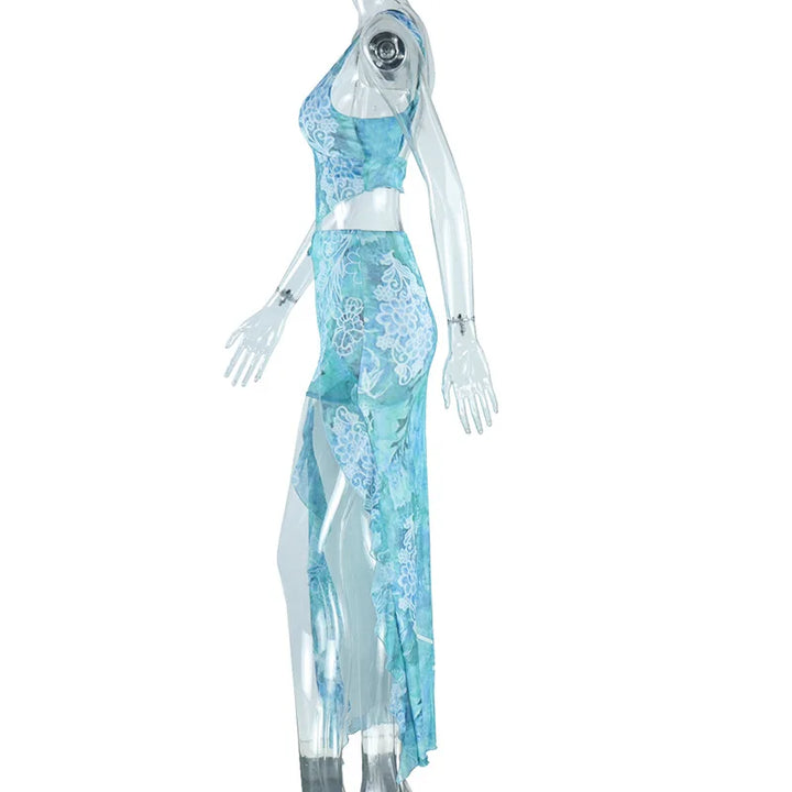 Two-Piece Set with Tropical Print, Top and Ruffled Maxi Skirt with Slit - MAYA