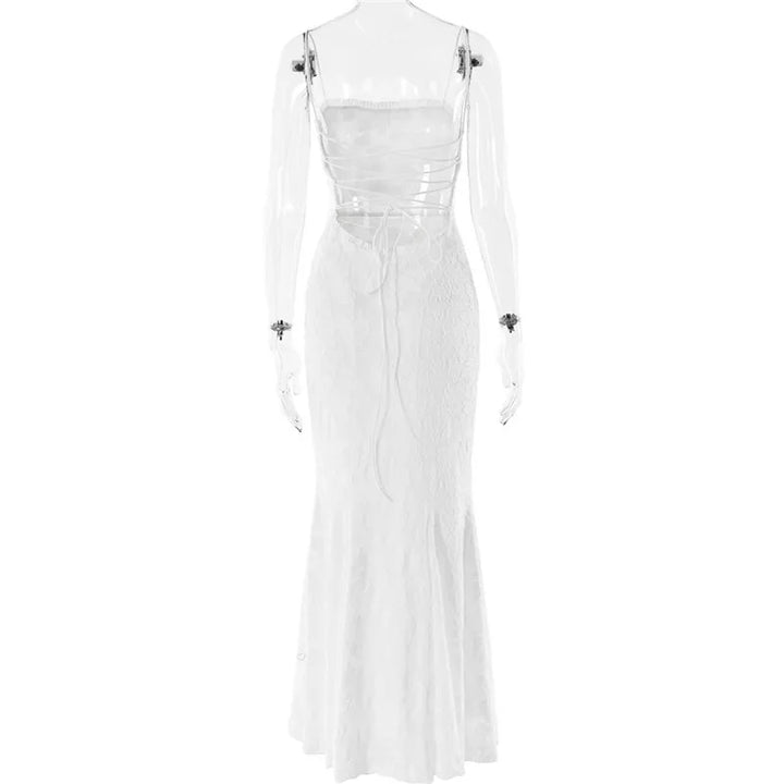 Chiffon Maxi Dress with Leaf Embroidery and Back Tie Design - BLANCA