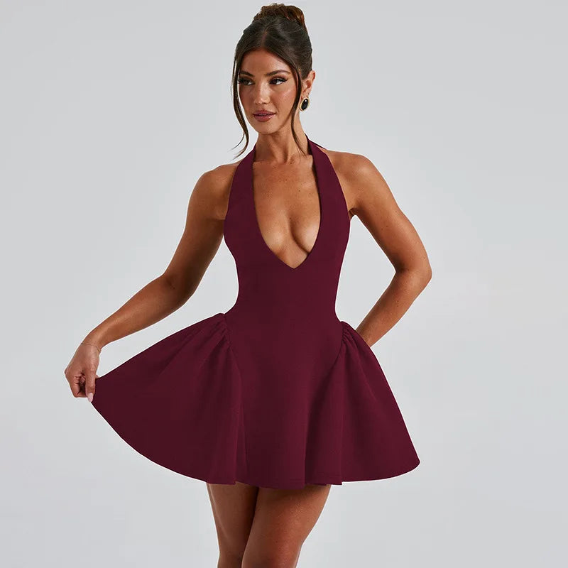 Mini A-line dress with V-neck and neck tie - Yolanda