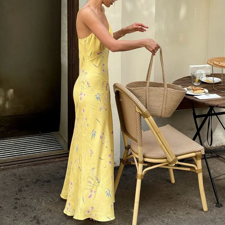 Maxi Satin Dress with Floral Print Detail - Baylee