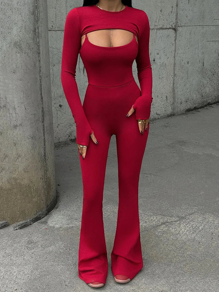 Pedal Pusher Jumpsuit with Shaping Fabric and Overlay Design - Vini