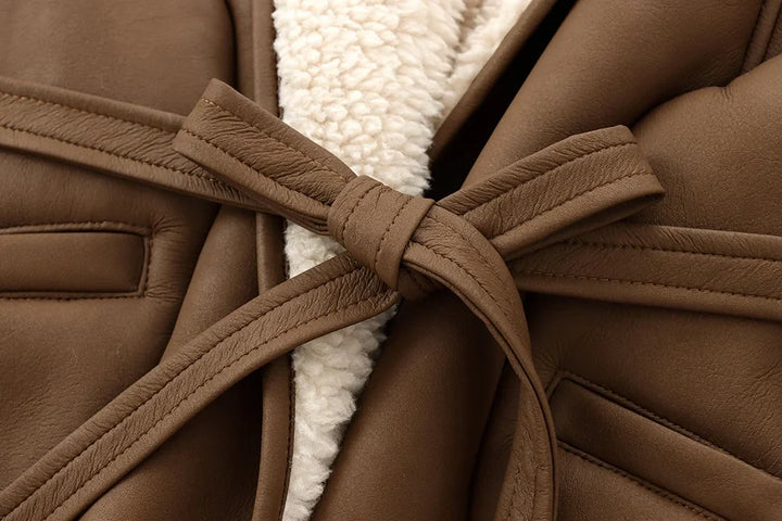 Leather coat with inner fur and belt tie design - Moran