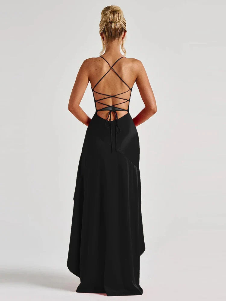 Satin ruffled maxi dress with back ties - Fabiola