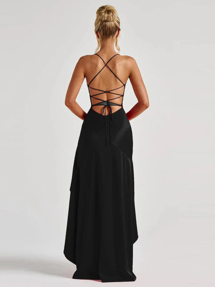 Satin ruffled maxi dress with back ties - Fabiola