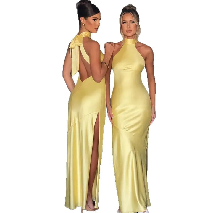 Maxi Satin Collar Dress with Slit Detail - Amari