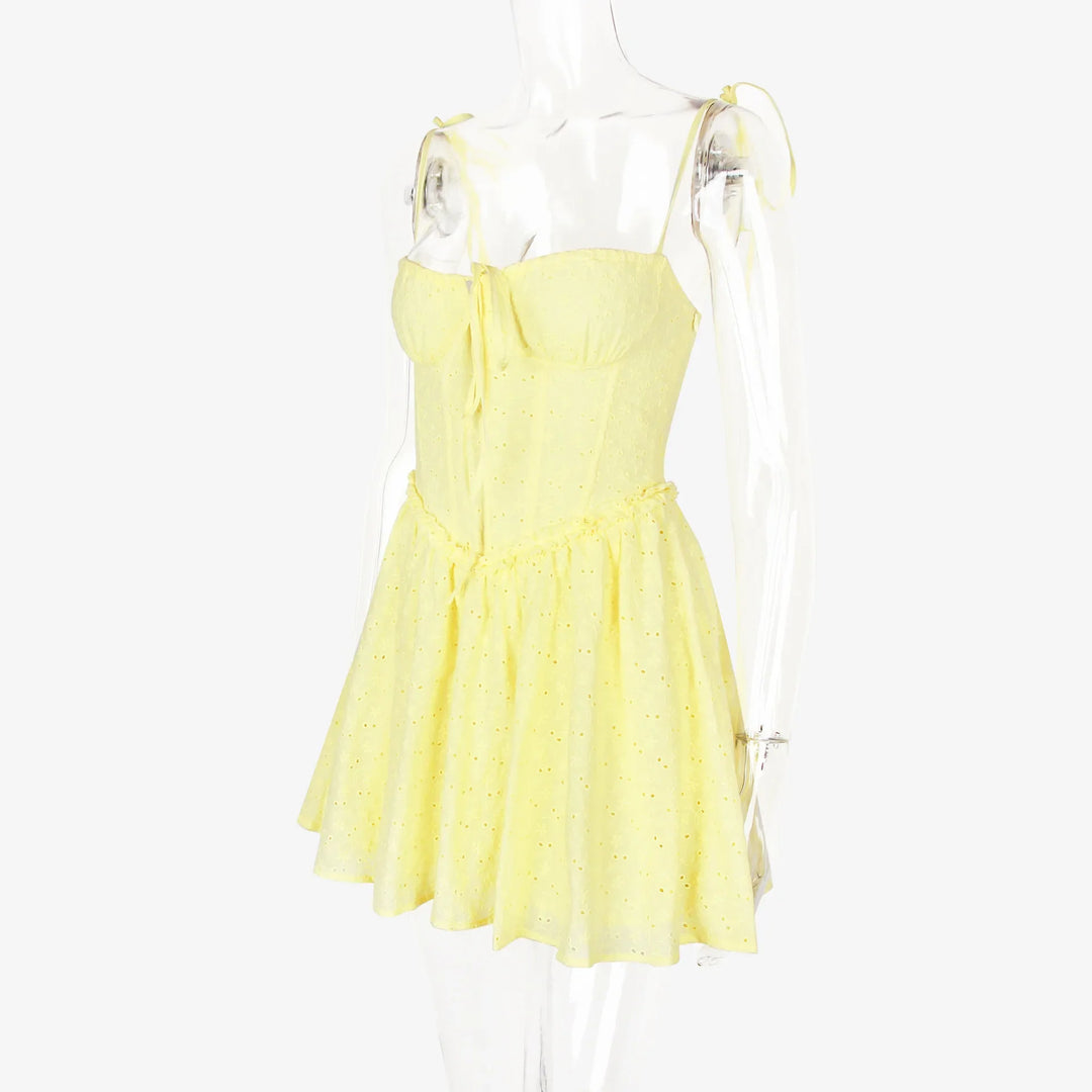 A-Line Mini Dress with Embroidery and Tie Straps - GAYA