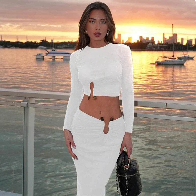 Two-piece set with top and maxi skirt with buckle design - Jessica