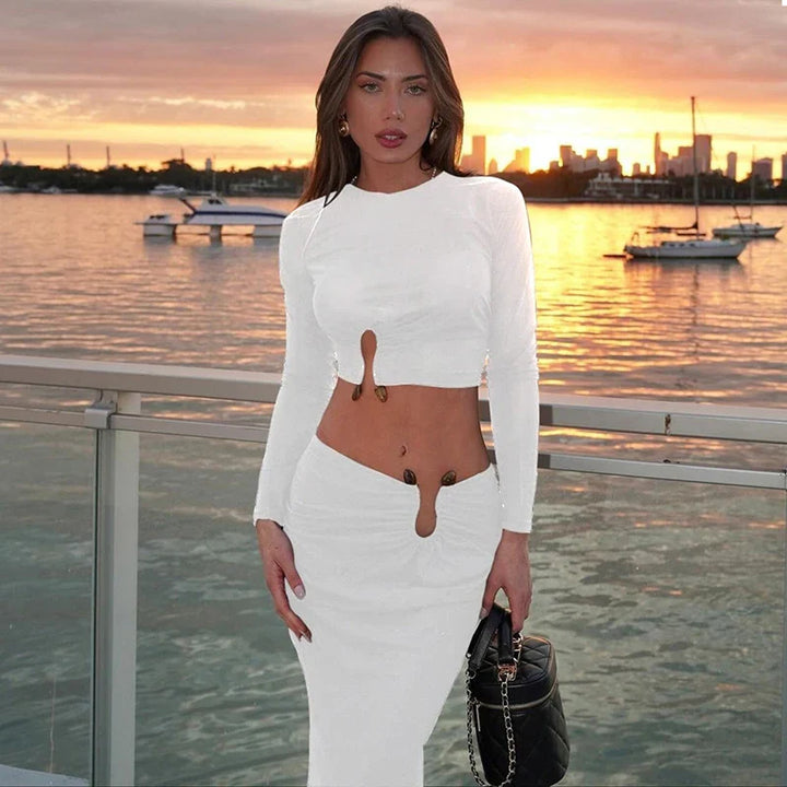 Two-piece set with top and maxi skirt with buckle design - Jessica
