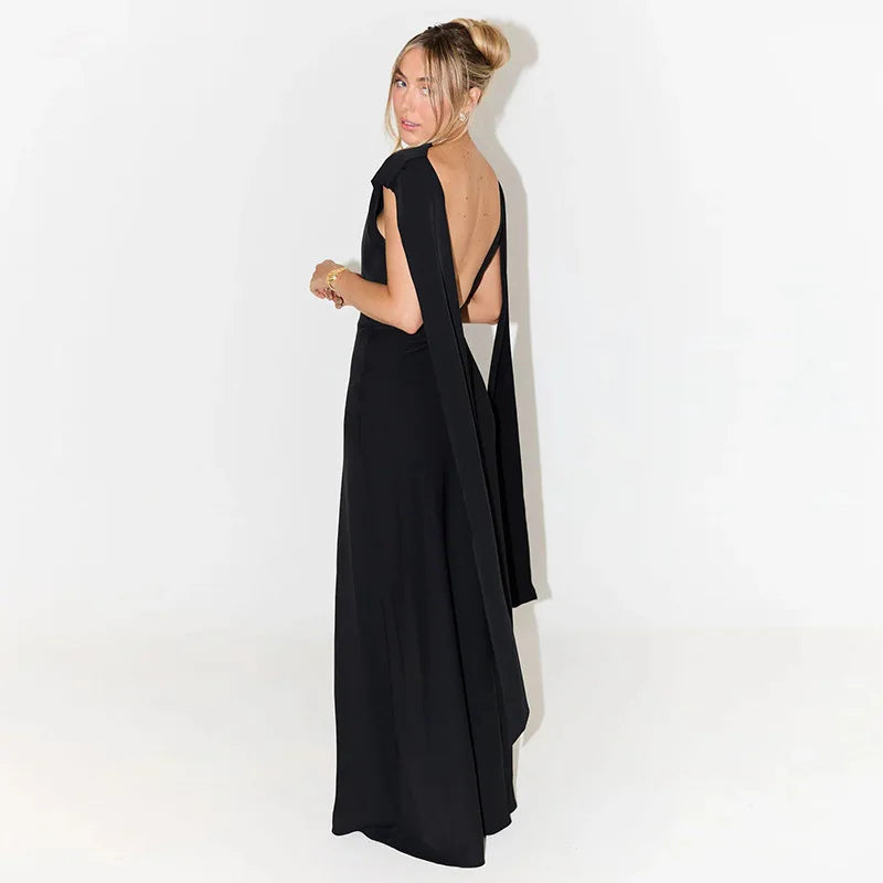 Elegant evening maxi dress with open back and train decoration - Ataret