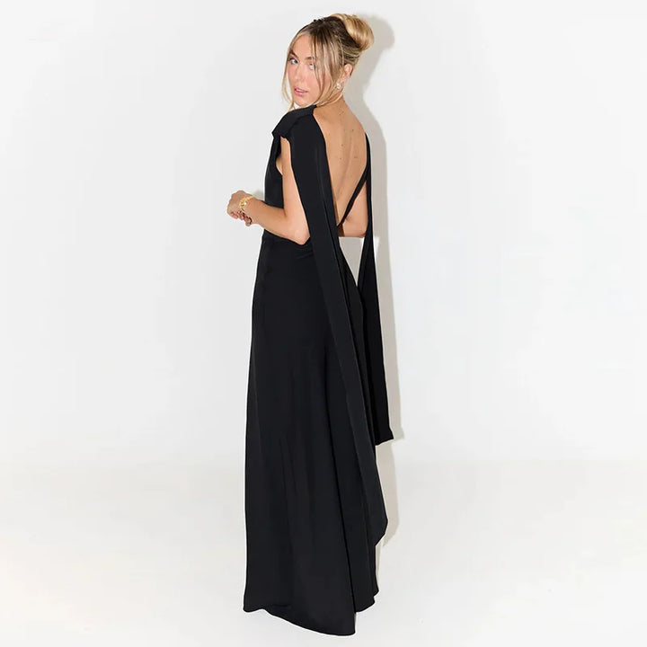Elegant evening maxi dress with open back and train decoration - Ataret