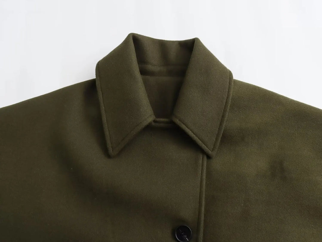 Oversized Wool Coat with Asymmetric Button Closure and Polo Collar - Hollandia