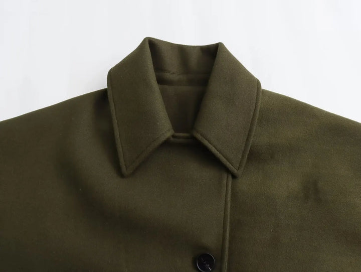 Oversized Wool Coat with Asymmetric Button Closure and Polo Collar - Hollandia