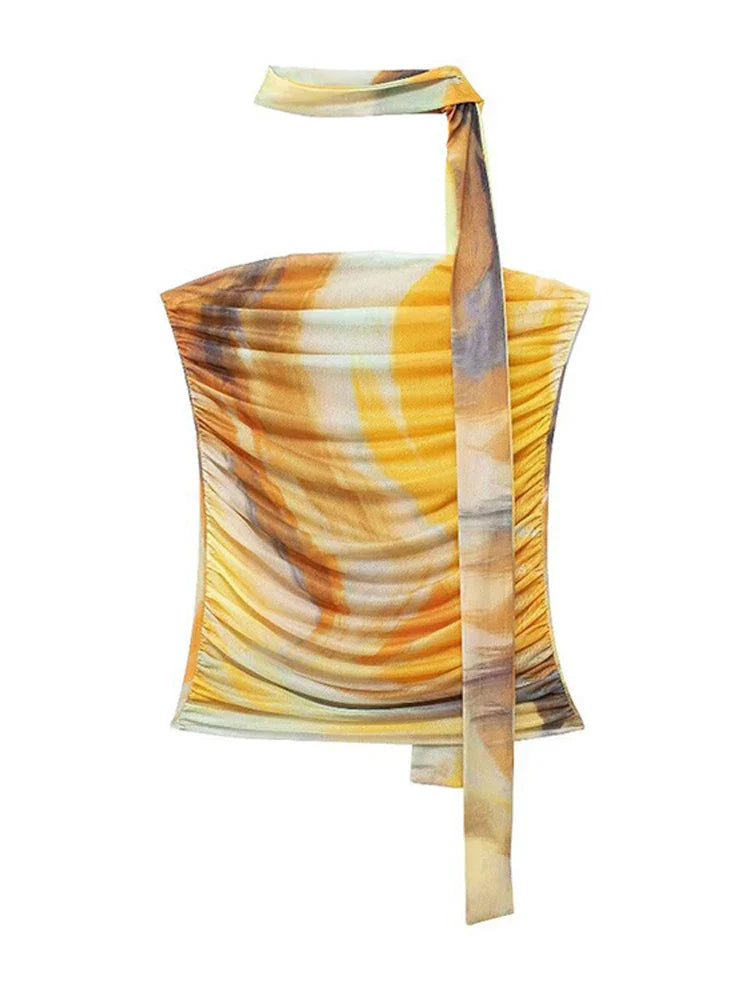 Two-Piece Chiffon Set with Strapless Top and Midi Skirt with Matching Scarf Detail - Liri