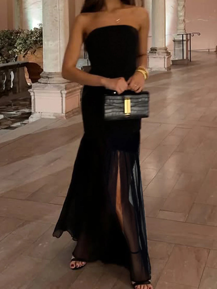 Strapless maxi dress with chiffon decoration and slit - Lettie