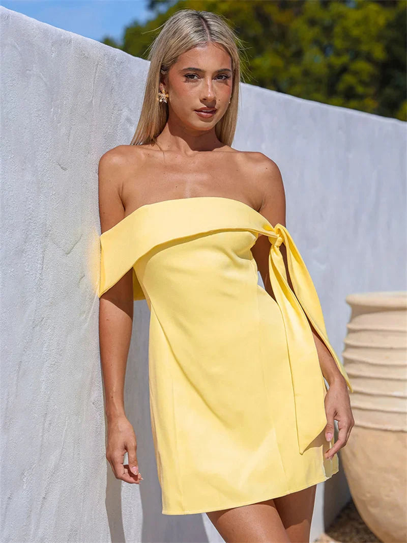 Mini A-line dress with bare shoulders decorated with tie - Sheli