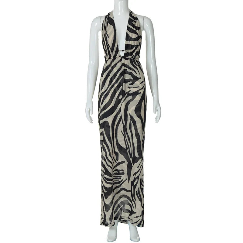 Maxi evening dress with open back and deep neckline - Adelina