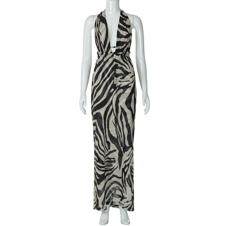 Maxi evening dress with open back and deep neckline - Adelina