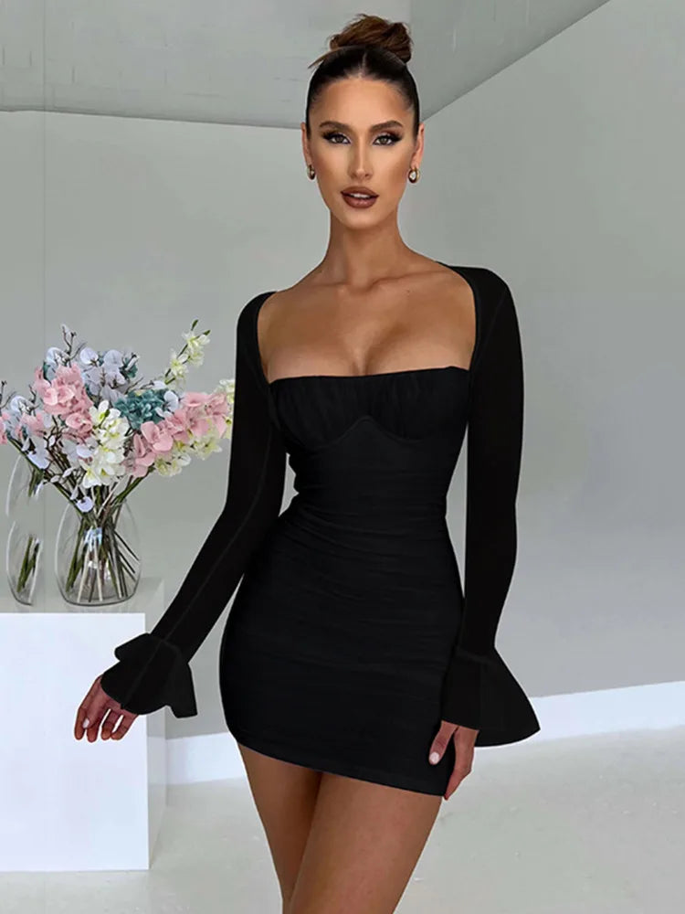 Ruched mini dress with open back and mesh sleeves - Ariana