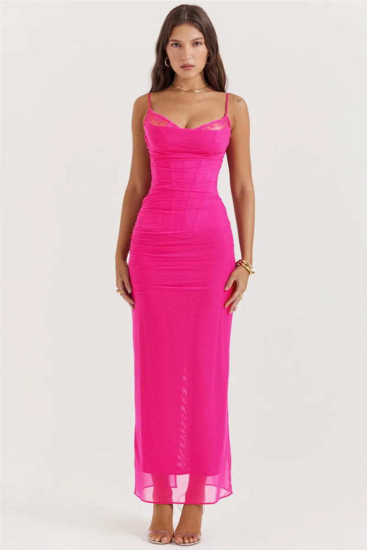Fitted Maxi Chiffon Dress with Lace Details - Rosalia