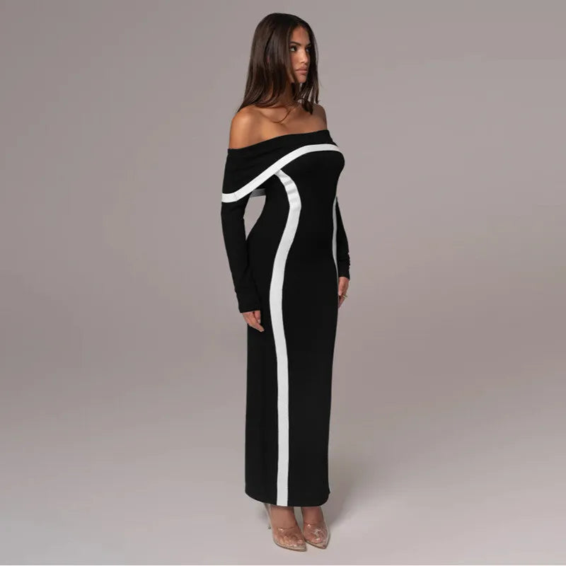 Off-shoulder maxi dress with contour line decoration - Katie
